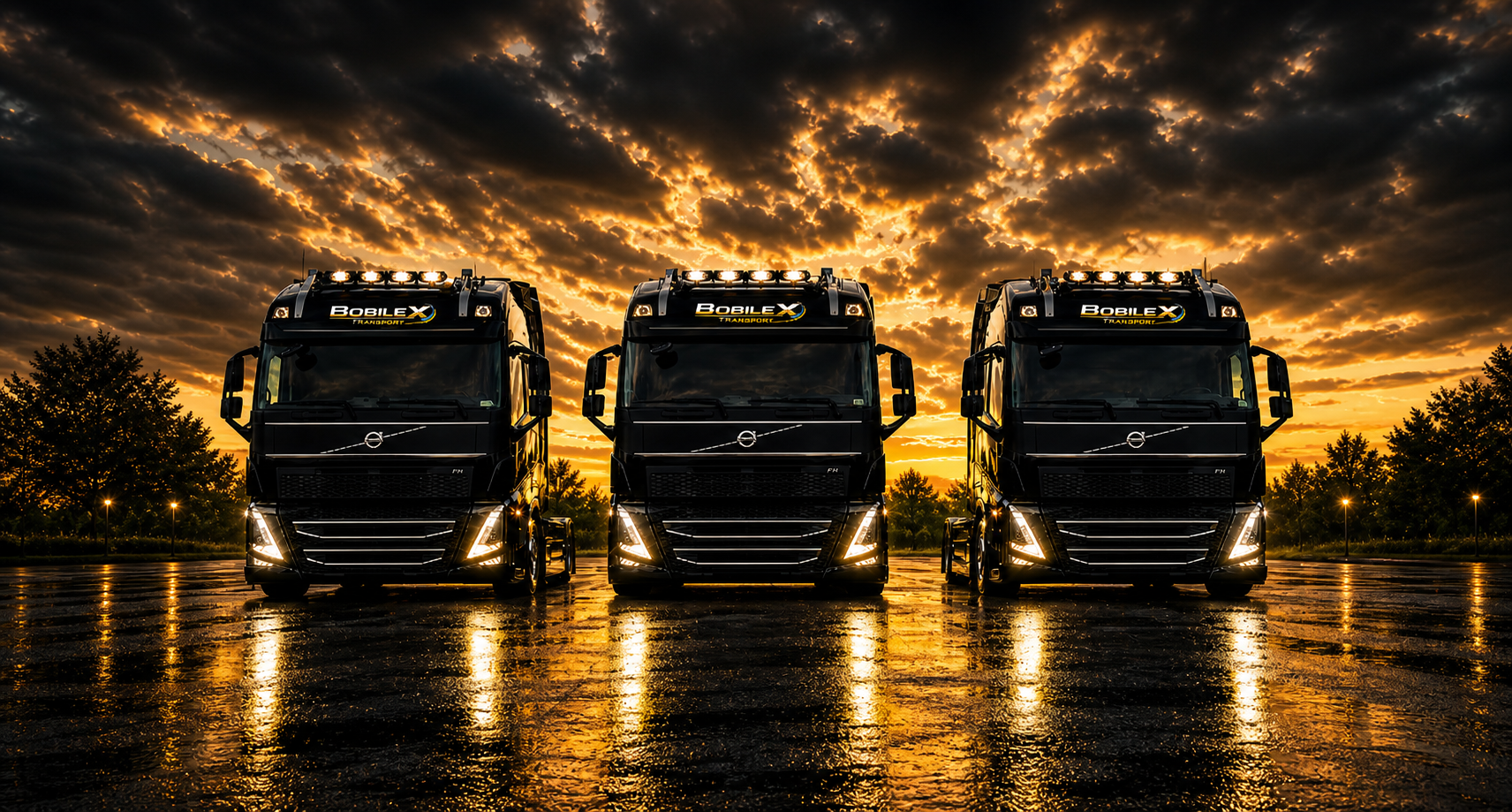 Flota ciężarówek Bobilex Transport o zmierzchu